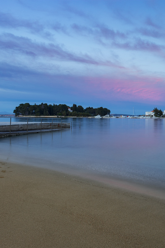 Popular beach Jaz in town Preko at sunset, island Ugljan, Dalmat